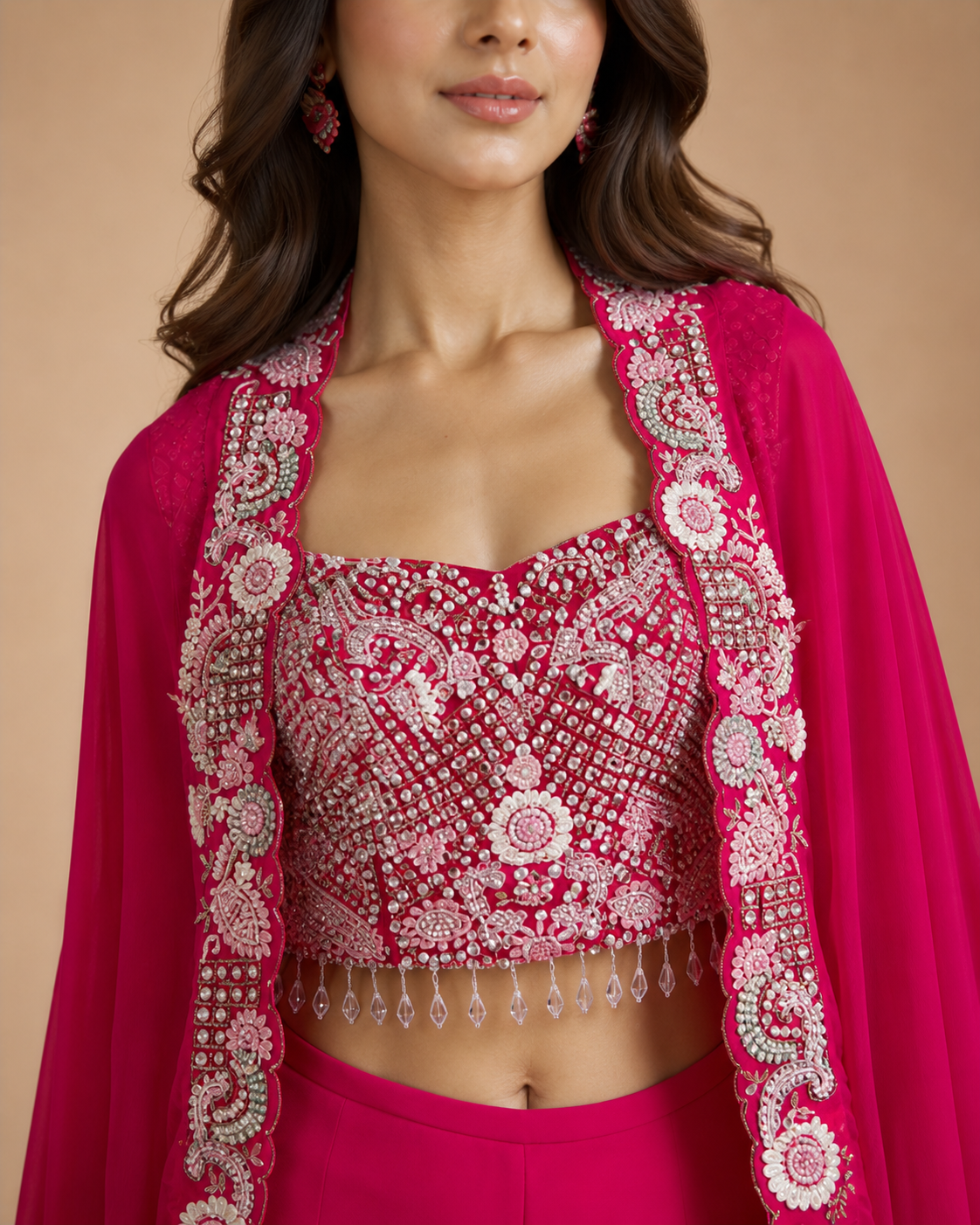Rani Pink Georgette Lehenga Set with Heavy Mirror & Thread Embroidered