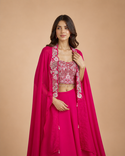 Rani Pink Georgette Lehenga Set with Heavy Mirror & Thread Embroidered
