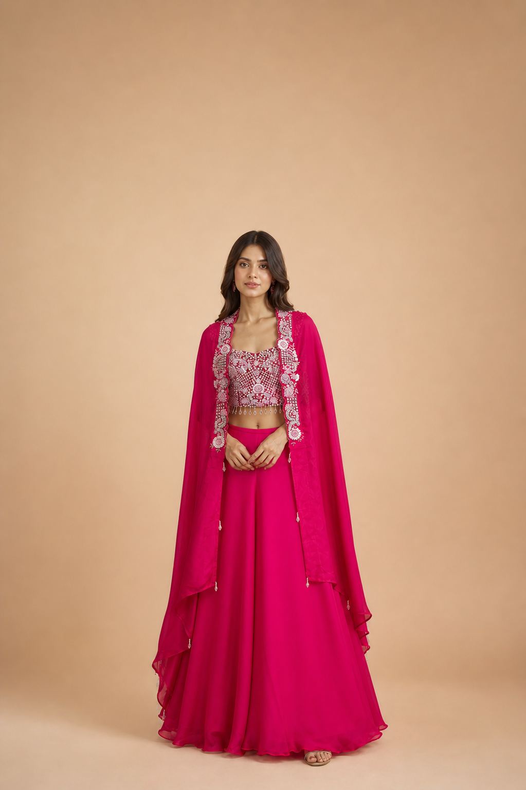 Rani Pink Georgette Lehenga Set with Heavy Mirror & Thread Embroidered