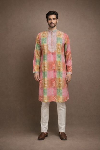 Rani Pink Green Patchwork Printed Kurta