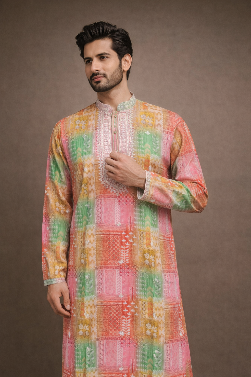 Rani Pink Green Patchwork Printed Kurta
