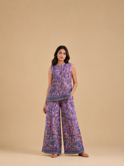 Rani Pink Hand Embroidered Indo Western Palazzo Set with Peacock & Floral Threadwork