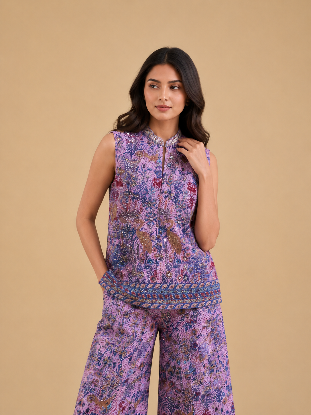 Rani Pink Hand Embroidered Indo Western Palazzo Set with Peacock & Floral Threadwork