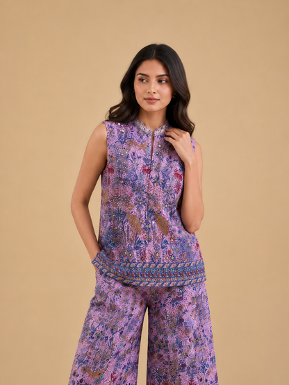 Rani Pink Hand Embroidered Indo Western Palazzo Set with Peacock & Floral Threadwork