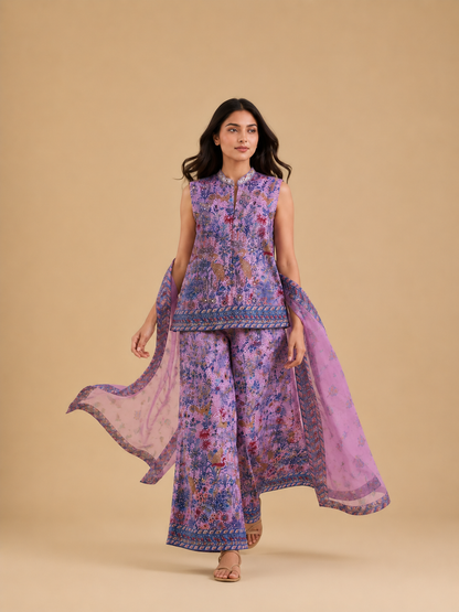 Rani Pink Hand Embroidered Indo Western Palazzo Set with Peacock & Floral Threadwork