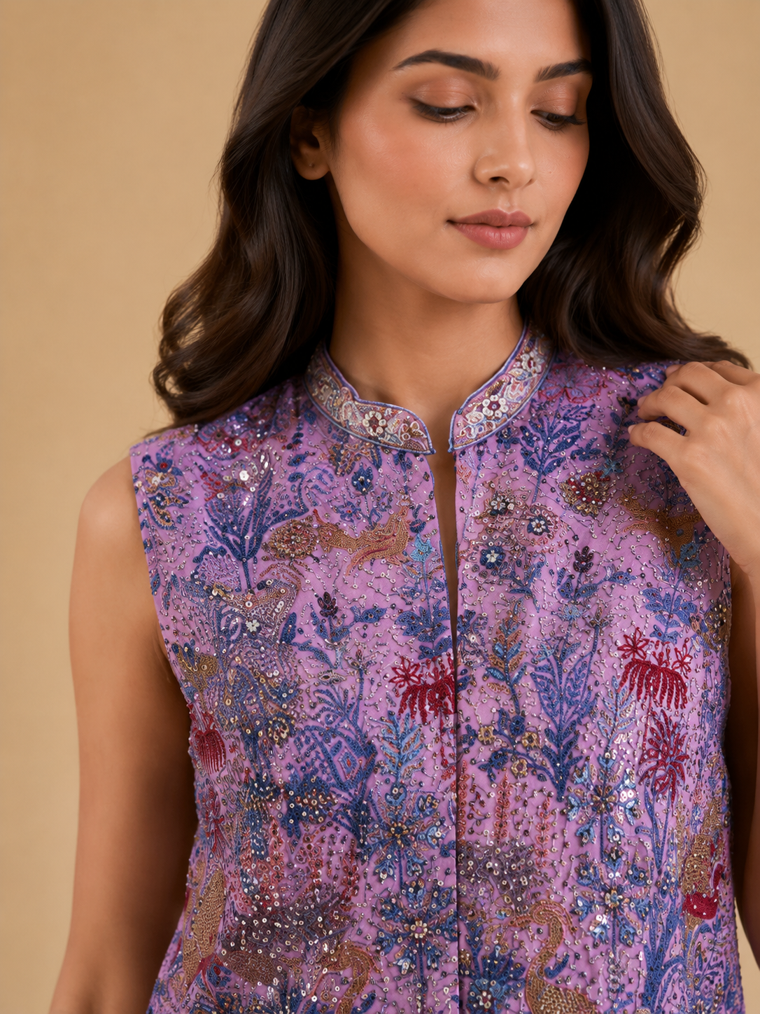 Rani Pink Hand Embroidered Indo Western Palazzo Set with Peacock & Floral Threadwork