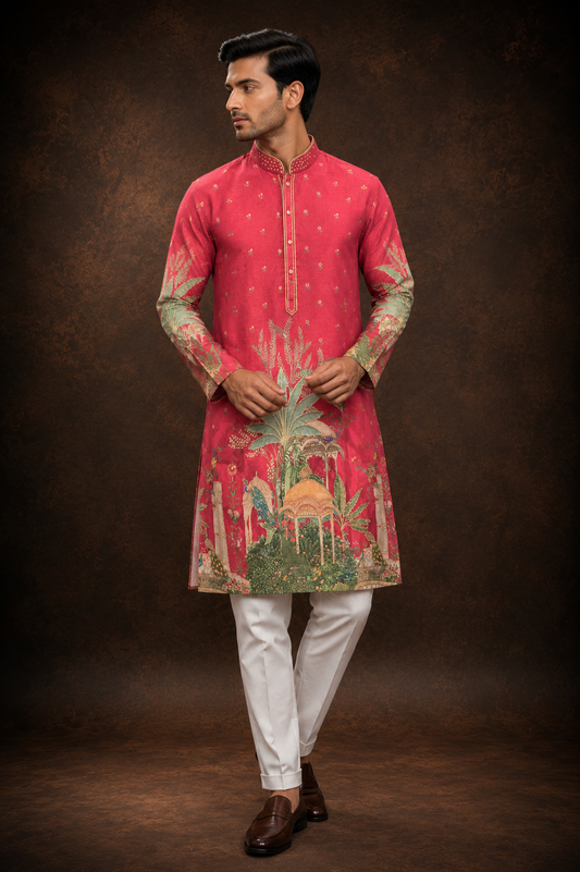 Rani Pink Heritage Landscape Printed Men’s Kurta with Mughal Motif and Botanical Artwork