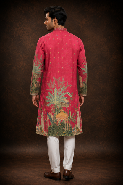 Rani Pink Heritage Landscape Printed Men’s Kurta with Mughal Motif and Botanical Artwork