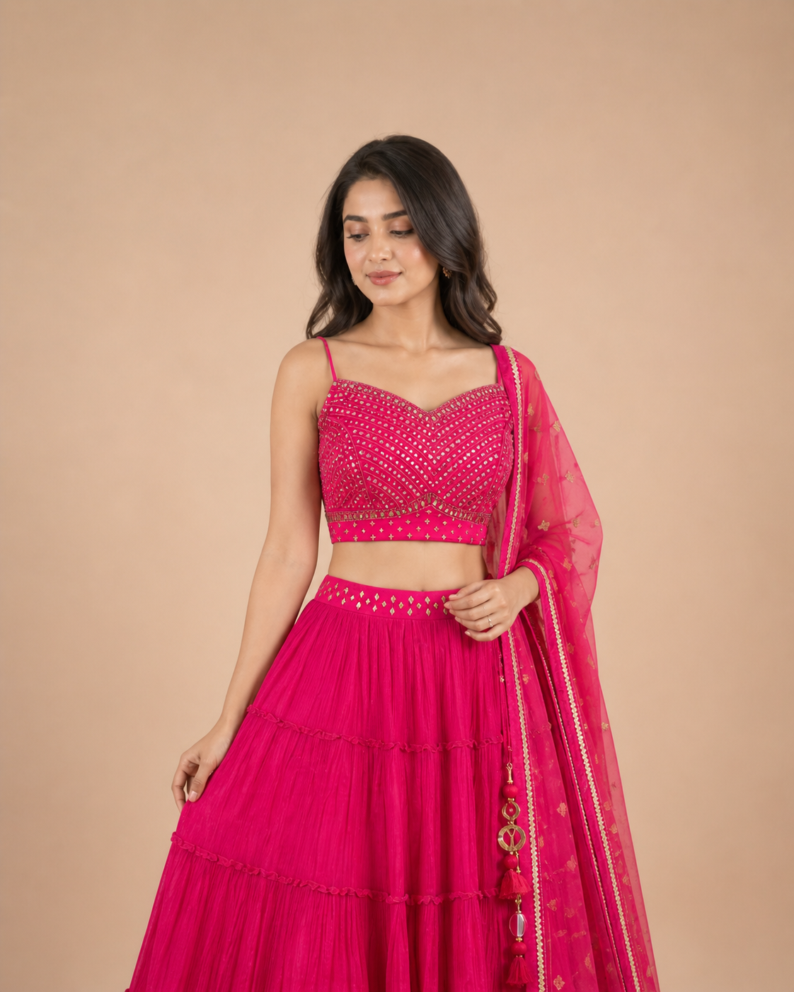 Rani Pink Mirror Work Lehenga Choli with Tiered Skirt & Net Dupatta