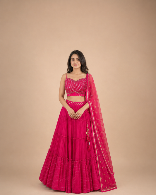 Rani Pink Mirror Work Lehenga Choli with Tiered Skirt & Net Dupatta
