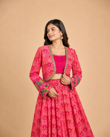 Rani Pink Multicolour Bandhani Printed Lehenga Choli with Embroidered Jacket