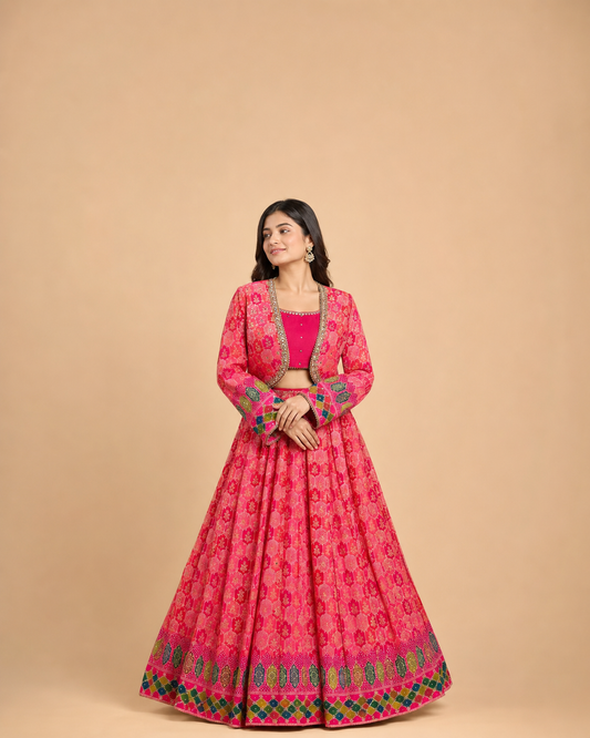 Rani Pink Multicolour Bandhani Printed Lehenga Choli with Embroidered Jacket