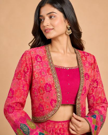 Rani Pink Multicolour Bandhani Printed Lehenga Choli with Embroidered Jacket