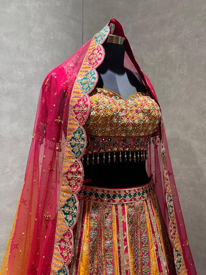 Rani Pink Multicolour Panelled Embroidered Lehenga with Mirrorwork Blouse & Dupatta