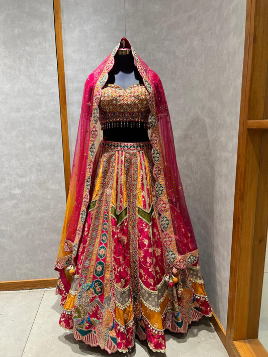 Rani Pink Multicolour Panelled Embroidered Lehenga with Mirrorwork Blouse & Dupatta