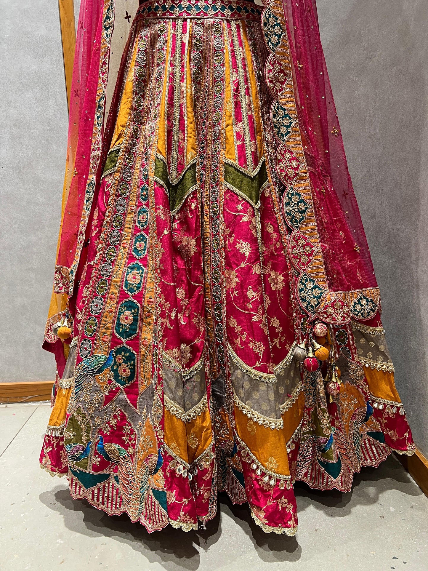 Rani Pink Multicolour Panelled Embroidered Lehenga with Mirrorwork Blouse & Dupatta