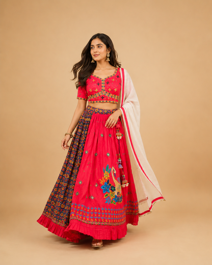 Rani Pink Navratri Lehenga Choli with Patola Print Panel Work & Mirror Embroidered Blouse