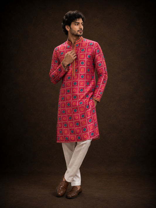 Rani Pink Printed Kurta for Men with Geometric Ethnic Motif Design