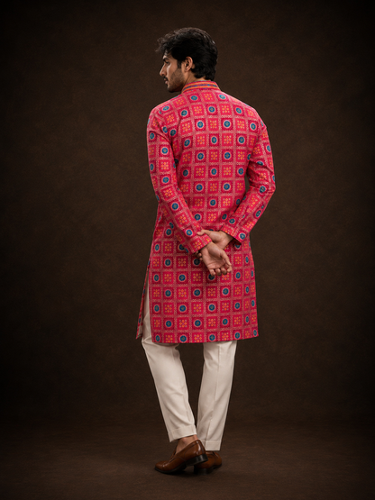 Rani Pink Printed Kurta for Men with Geometric Ethnic Motif Design