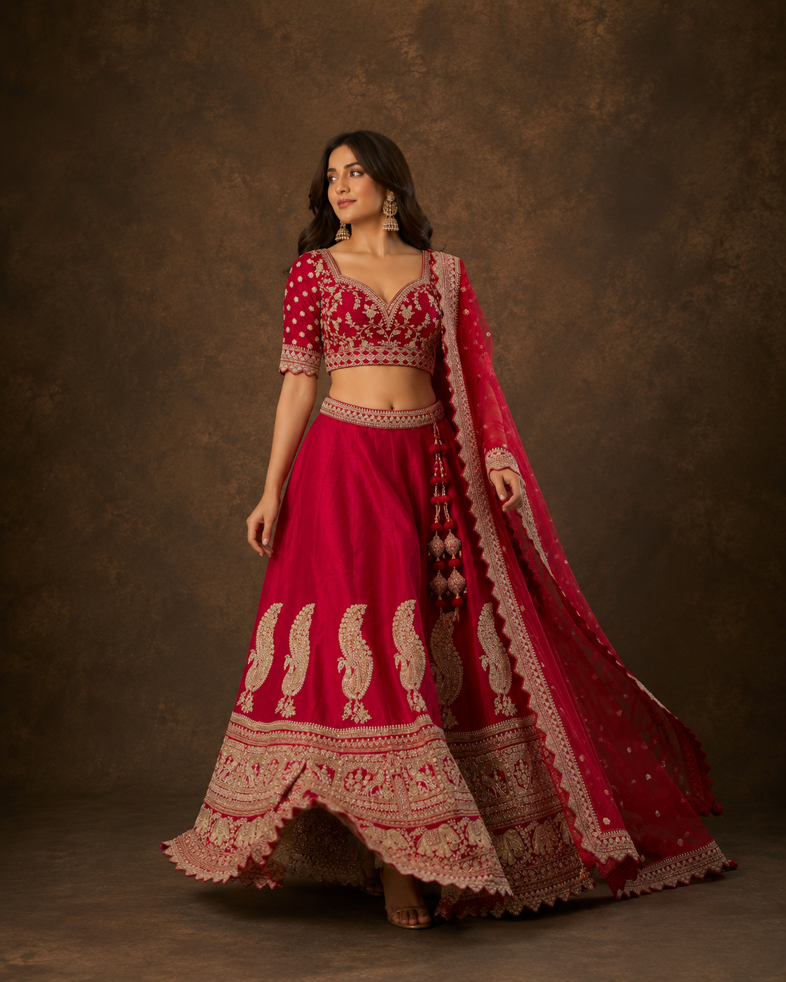 Rani Pink Silk Bridal Lehenga Choli with Zari Peacock & Elephant Border Embroidery