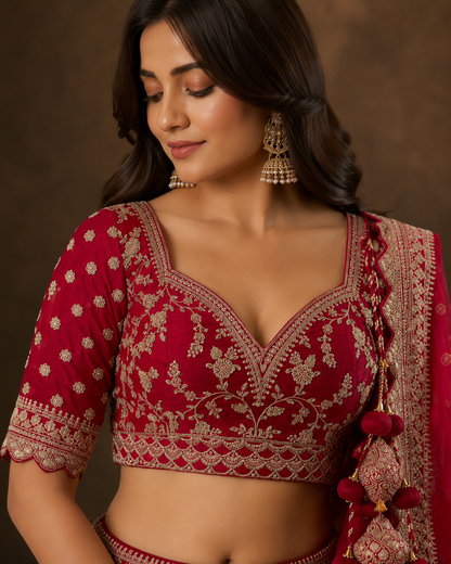 Rani Pink Silk Bridal Lehenga Choli with Zari Peacock & Elephant Border Embroidery