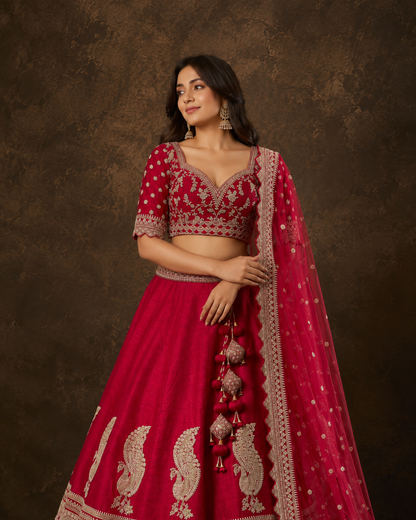 Rani Pink Silk Bridal Lehenga Choli with Zari Peacock & Elephant Border Embroidery