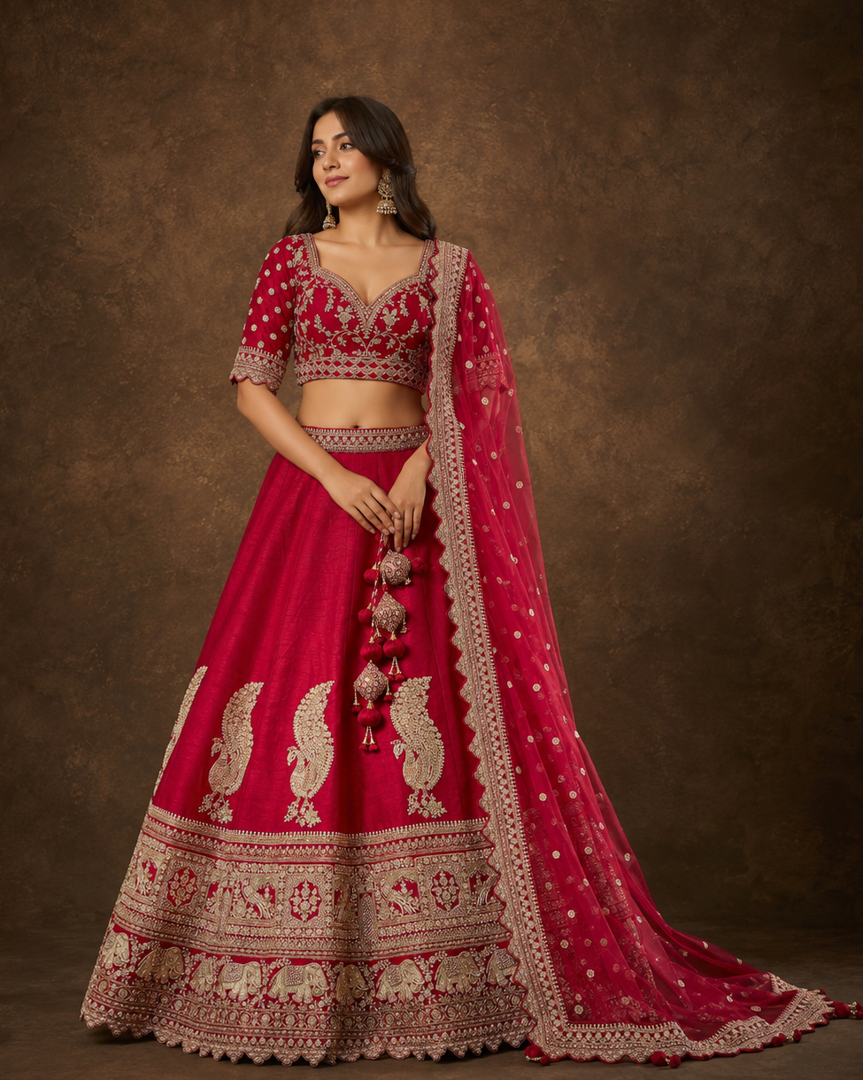 Rani Pink Silk Bridal Lehenga Choli with Zari Peacock & Elephant Border Embroidery