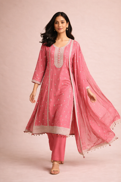 Rani Pink Straight Kurta Palazzo Set with Silver Embroidery & Dupatta