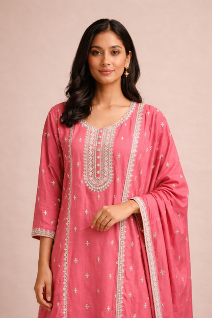Rani Pink Straight Kurta Palazzo Set with Silver Embroidery & Dupatta