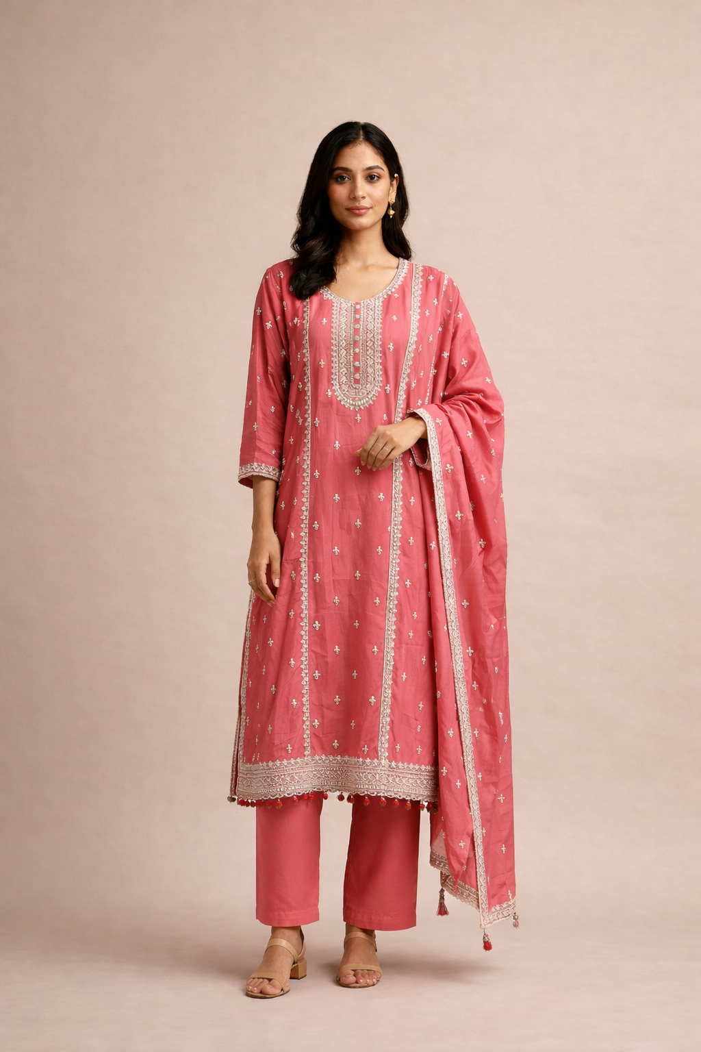 Rani Pink Straight Kurta Palazzo Set with Silver Embroidery & Dupatta