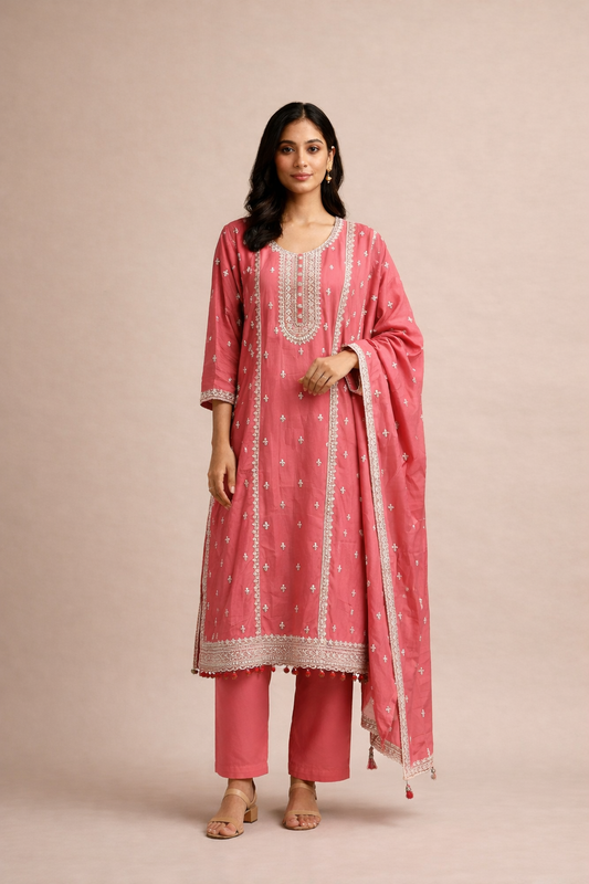 Rani Pink Straight Kurta Palazzo Set with Silver Embroidery & Dupatta