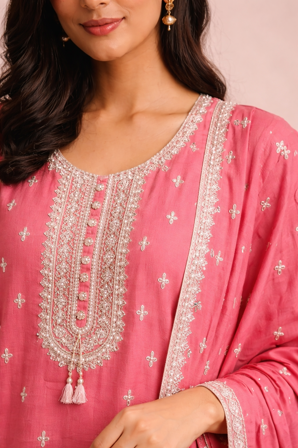 Rani Pink Straight Kurta Palazzo Set with Silver Embroidery & Dupatta