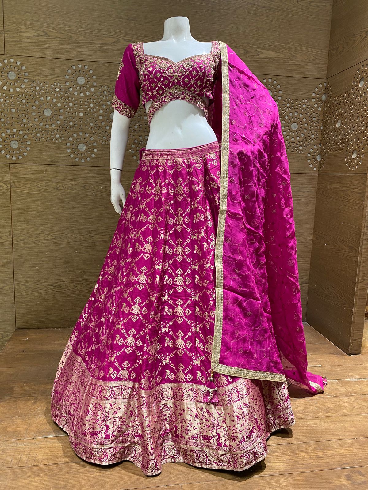 Rani Pink & Gold Embroidered Silk Lehenga Choli