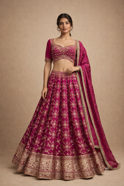 Rani Pink & Gold Embroidered Silk Lehenga Choli