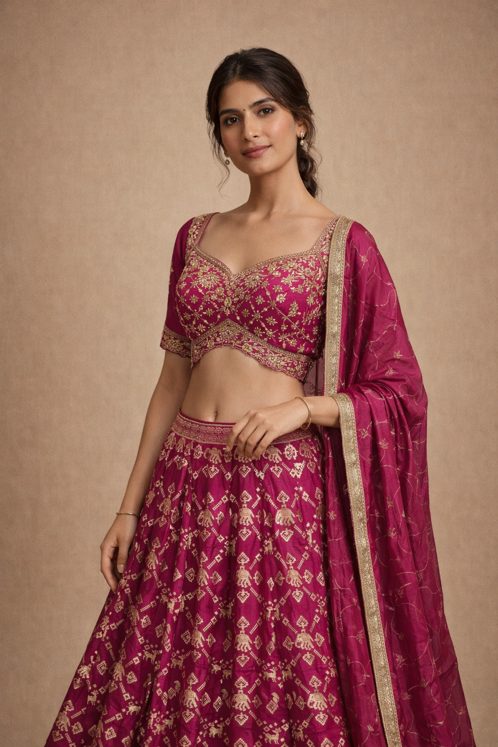 Rani Pink & Gold Embroidered Silk Lehenga Choli