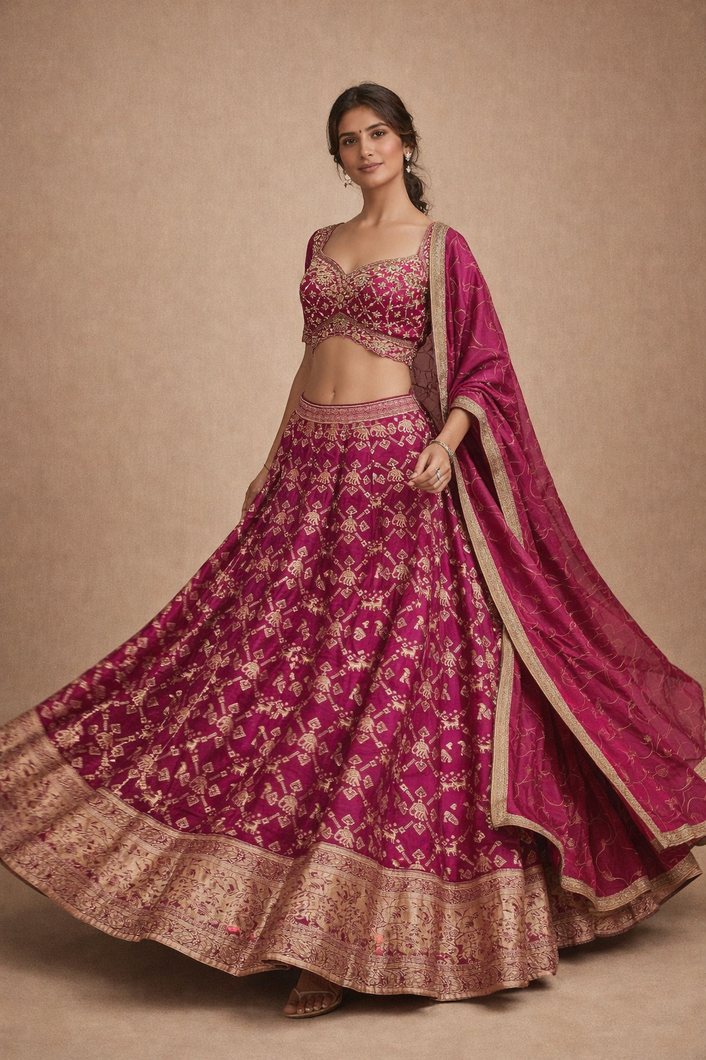 Rani Pink & Gold Embroidered Silk Lehenga Choli