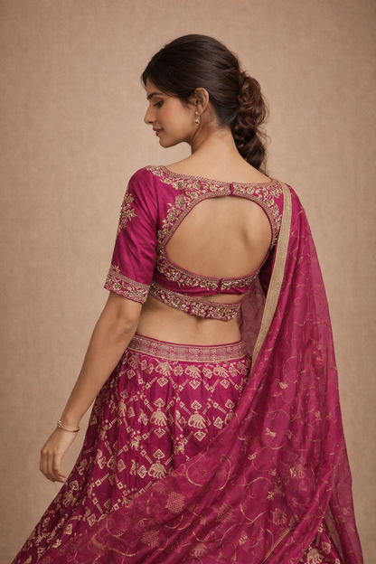 Rani Pink & Gold Embroidered Silk Lehenga Choli