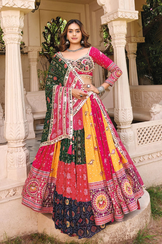 Rani Pink, Mustard Yellow & Green Gujarati Navratri Chaniya Choli with Kutchi Mirror Work Blouse