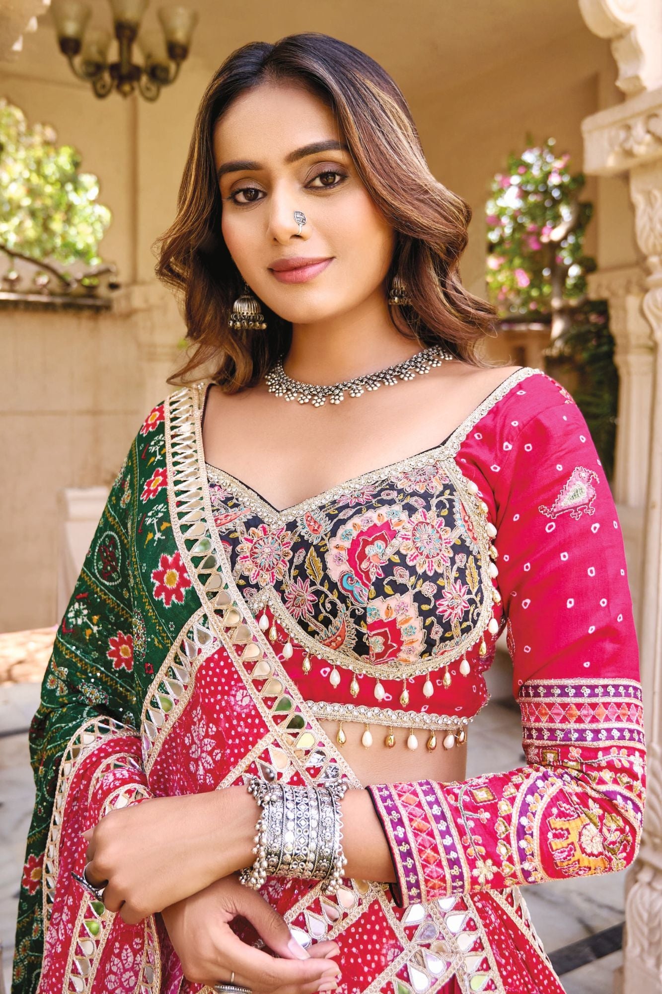 Rani Pink, Mustard Yellow & Green Gujarati Navratri Chaniya Choli with Kutchi Mirror Work Blouse