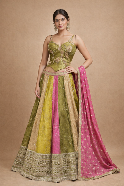 Rani Pink, Olive Green & Mustard Panelled Designer Lehenga Choli with Zari Embroidery