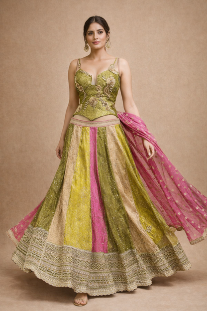 Rani Pink, Olive Green & Mustard Panelled Designer Lehenga Choli with Zari Embroidery