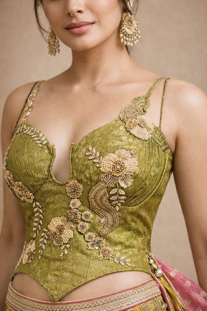 Rani Pink, Olive Green & Mustard Panelled Designer Lehenga Choli with Zari Embroidery