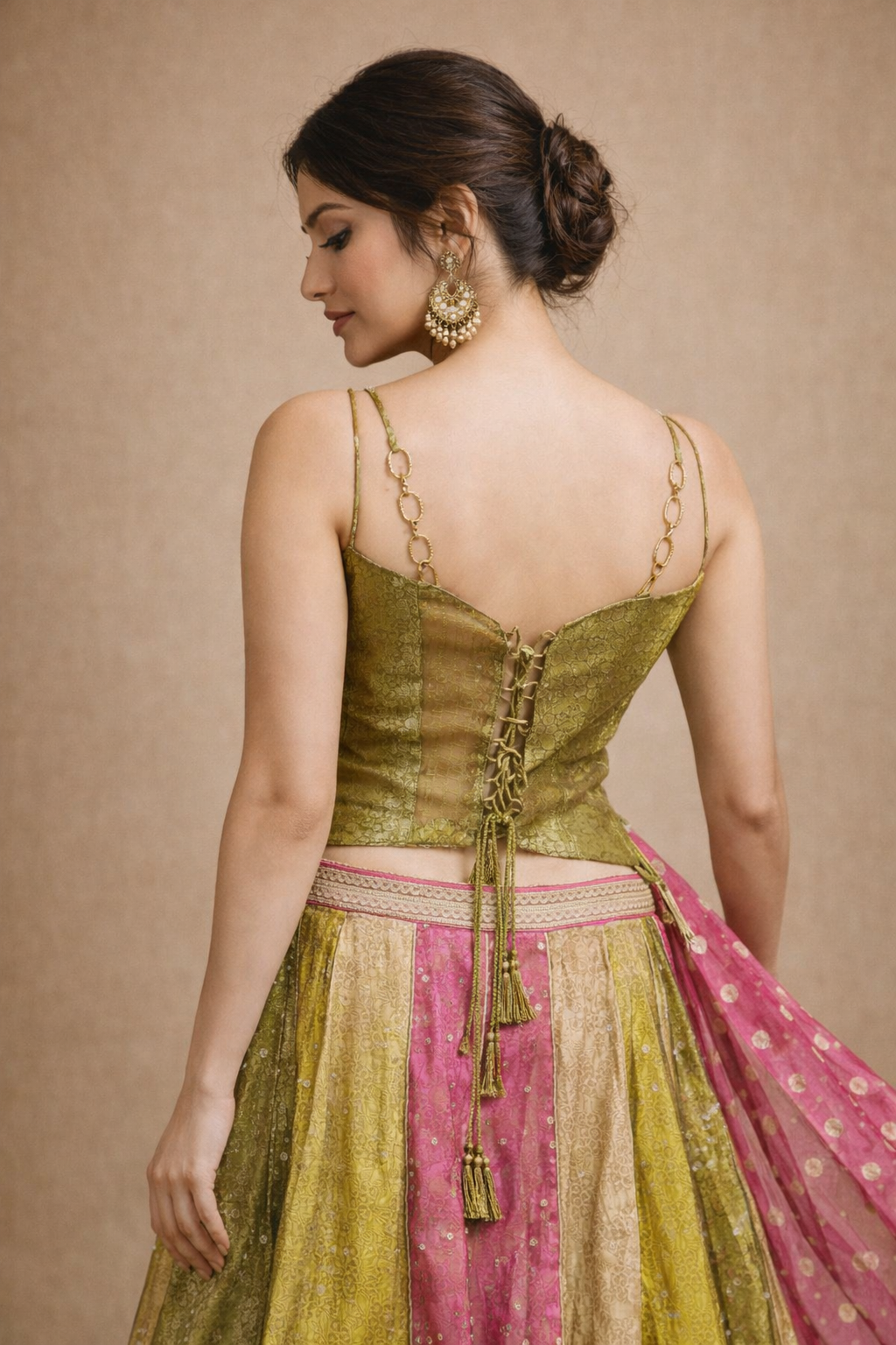Rani Pink, Olive Green & Mustard Panelled Designer Lehenga Choli with Zari Embroidery