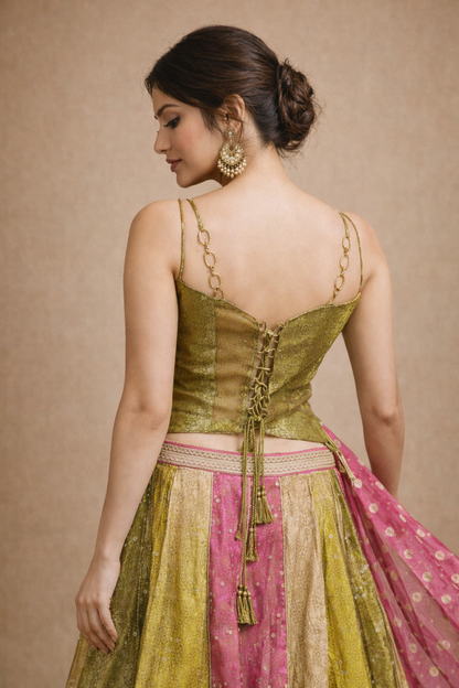 Rani Pink, Olive Green & Mustard Panelled Designer Lehenga Choli with Zari Embroidery
