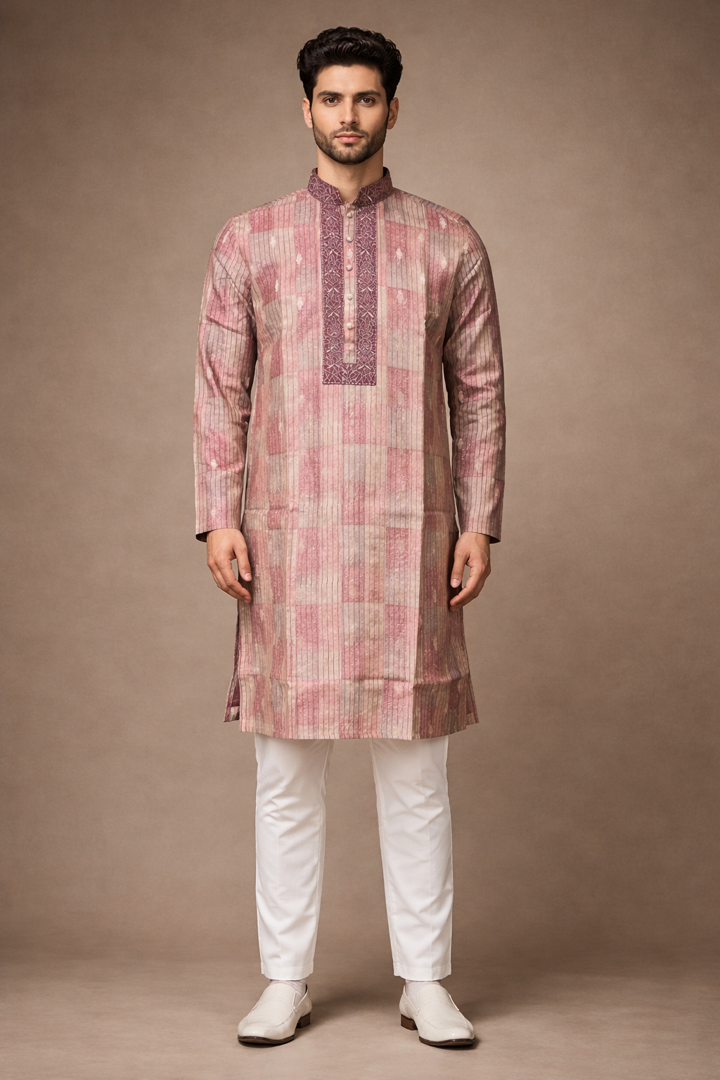 Rani Pink and Beige Striped Embroidered Kurta Set