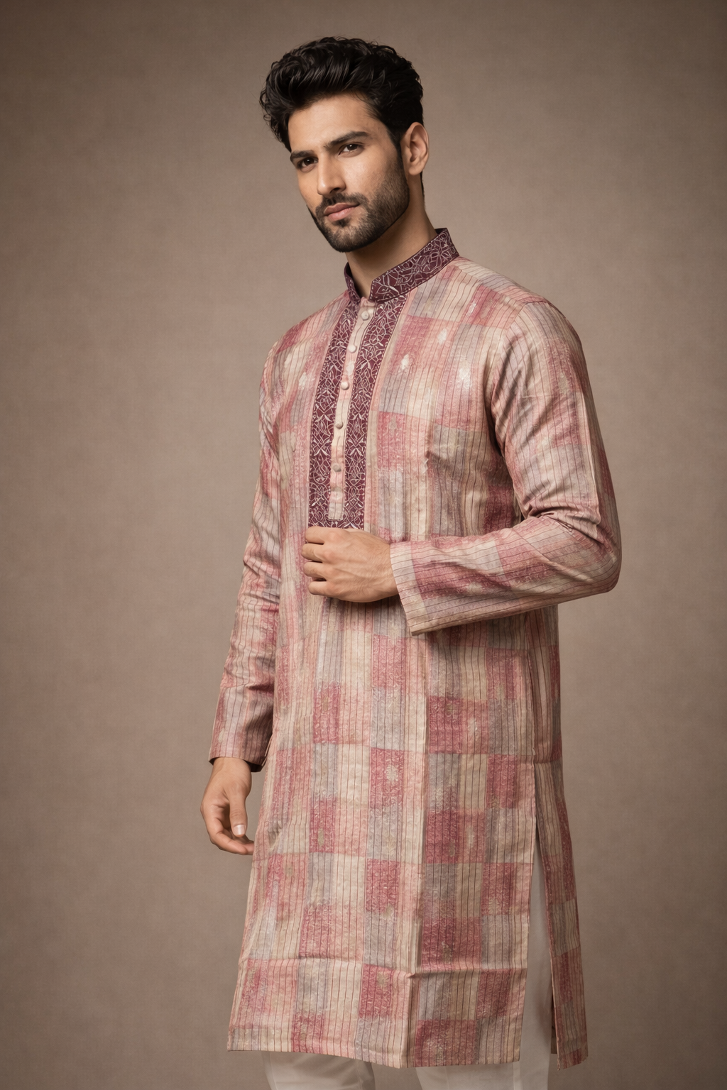 Rani Pink and Beige Striped Embroidered Kurta Set