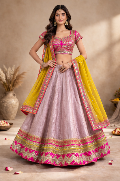 Rani Pink and Blush Pink Lehenga Choli with Yellow Dupatta and Heavy Gold Embroidery