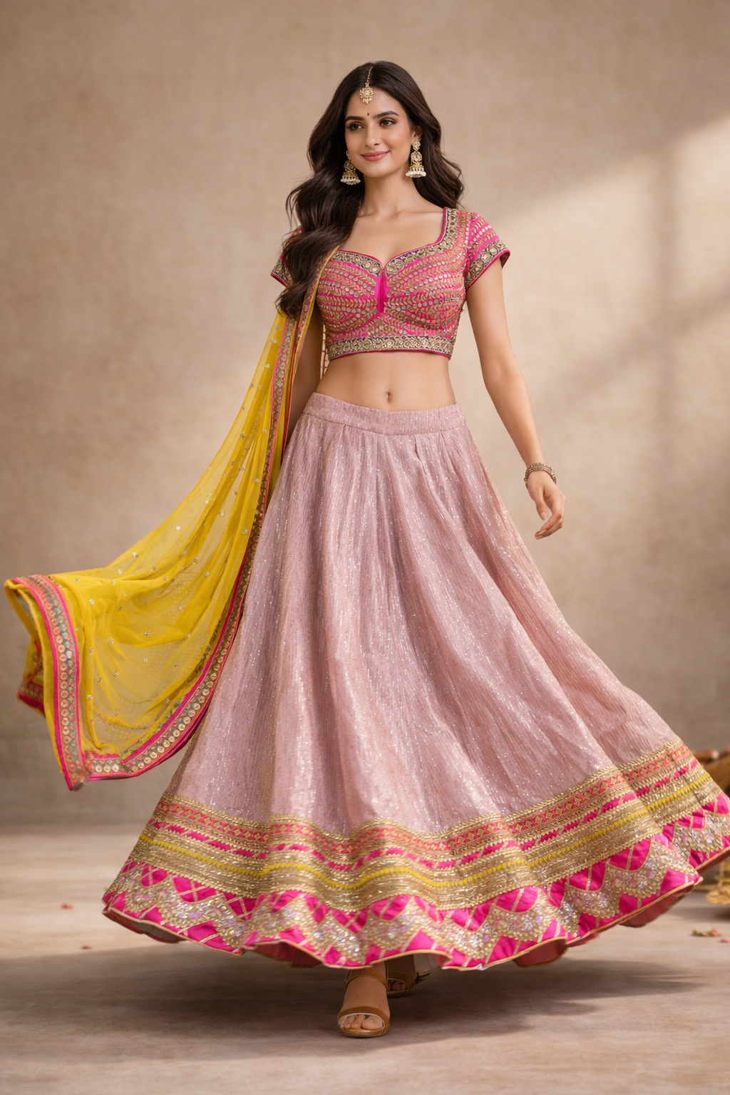 Rani Pink and Blush Pink Lehenga Choli with Yellow Dupatta and Heavy Gold Embroidery