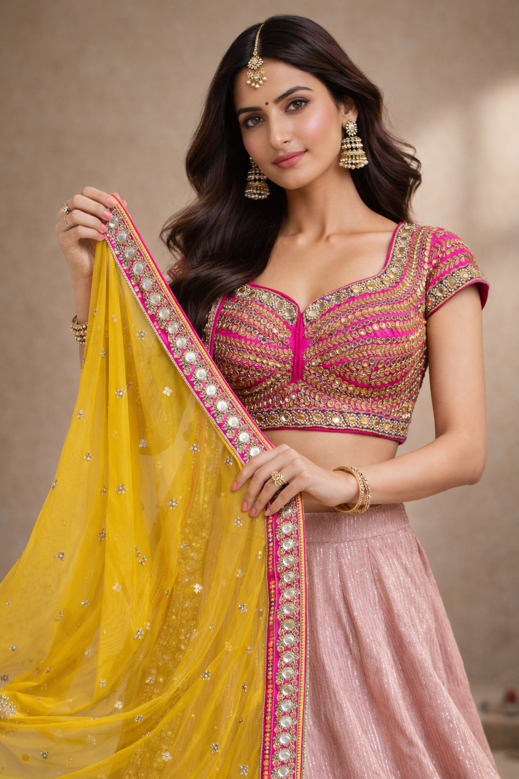 Rani Pink and Blush Pink Lehenga Choli with Yellow Dupatta and Heavy Gold Embroidery