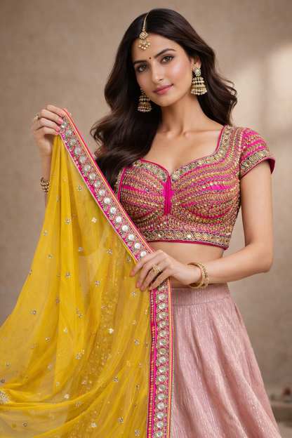 Rani Pink and Blush Pink Lehenga Choli with Yellow Dupatta and Heavy Gold Embroidery